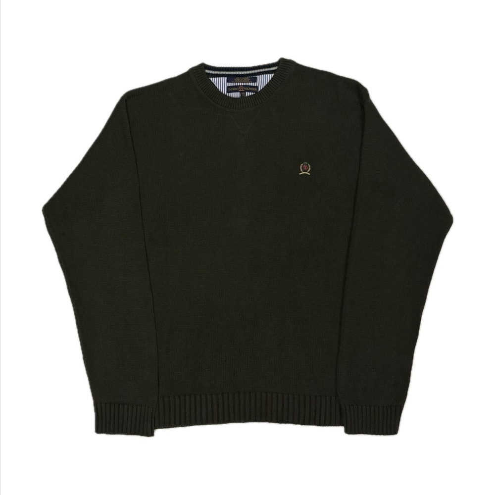 Vtg Y2K Tommy Hilfiger cotton khaki green ribbed crest crewneck sweater mens XXL